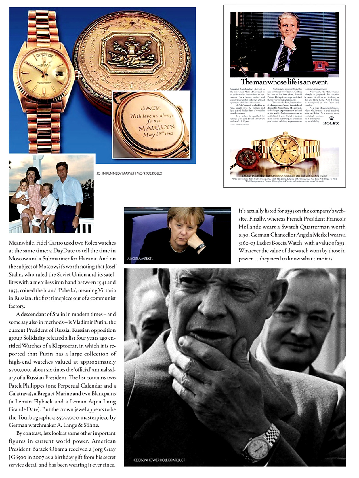 Watches and Power, tidningssida 6: Tidningssida med klockor och fotografier av John F. Kennedy, Angela Merkel och Dwight Eisenhower