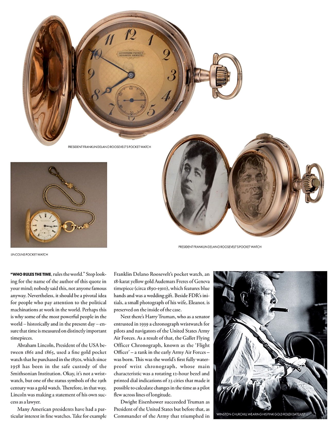 Watches and Power, tidningssida 2: Tidningssida med Abraham Lincolns och Franklin D. Roosevelts fickur samt Winston Churchill