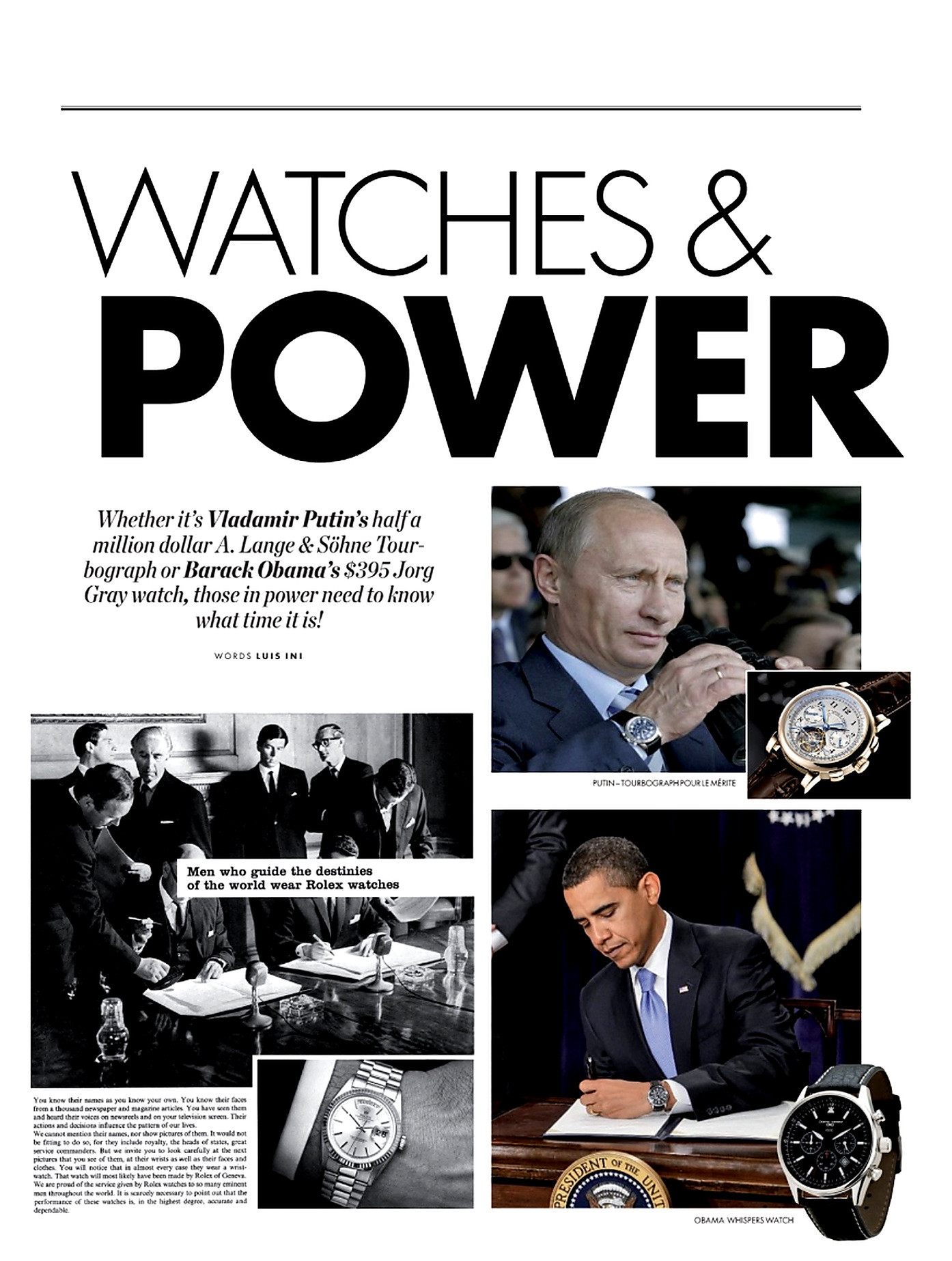 Första sidan ur Watches and Power, med rubrik och historiska porträtt